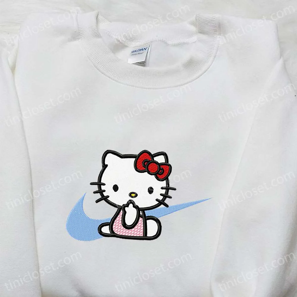 Hello Kitty x Nike Swoosh Cartoon Embroidered Sweatshirt, Hello Kitty Embroidered Shirt, Nike Inspired Embroidered Shirt