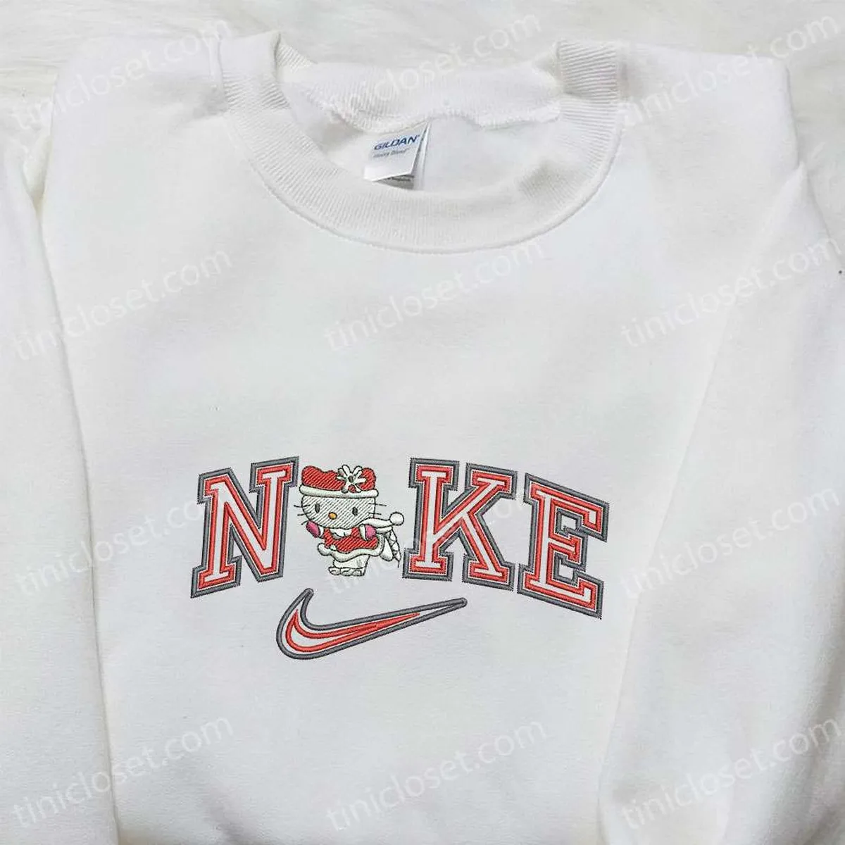 Hello Kitty Xmas x Nike Cartoon Embroidered Sweatshirt, Hello Kitty Embroidered Shirt, Nike Inspired Embroidered Shirt