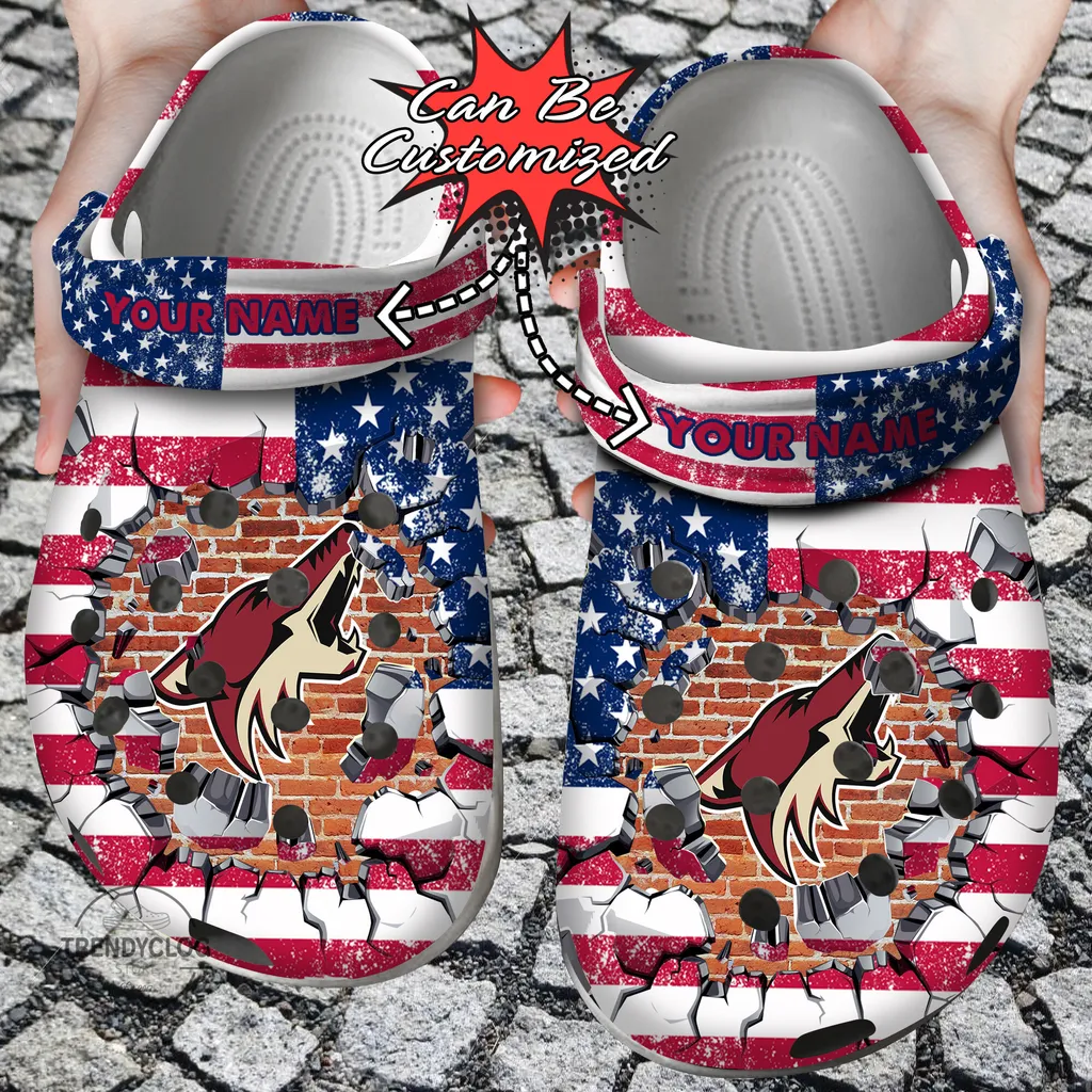 Hockey Crocs Personalized ACoyotes American Flag Breaking Wall Clog