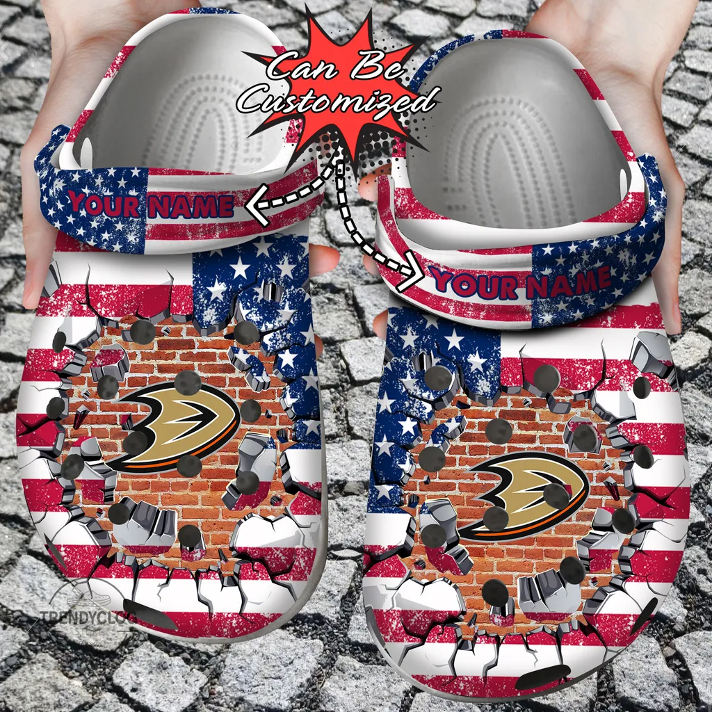 Hockey Crocs Personalized ADucks American Flag Breaking Wall Clog