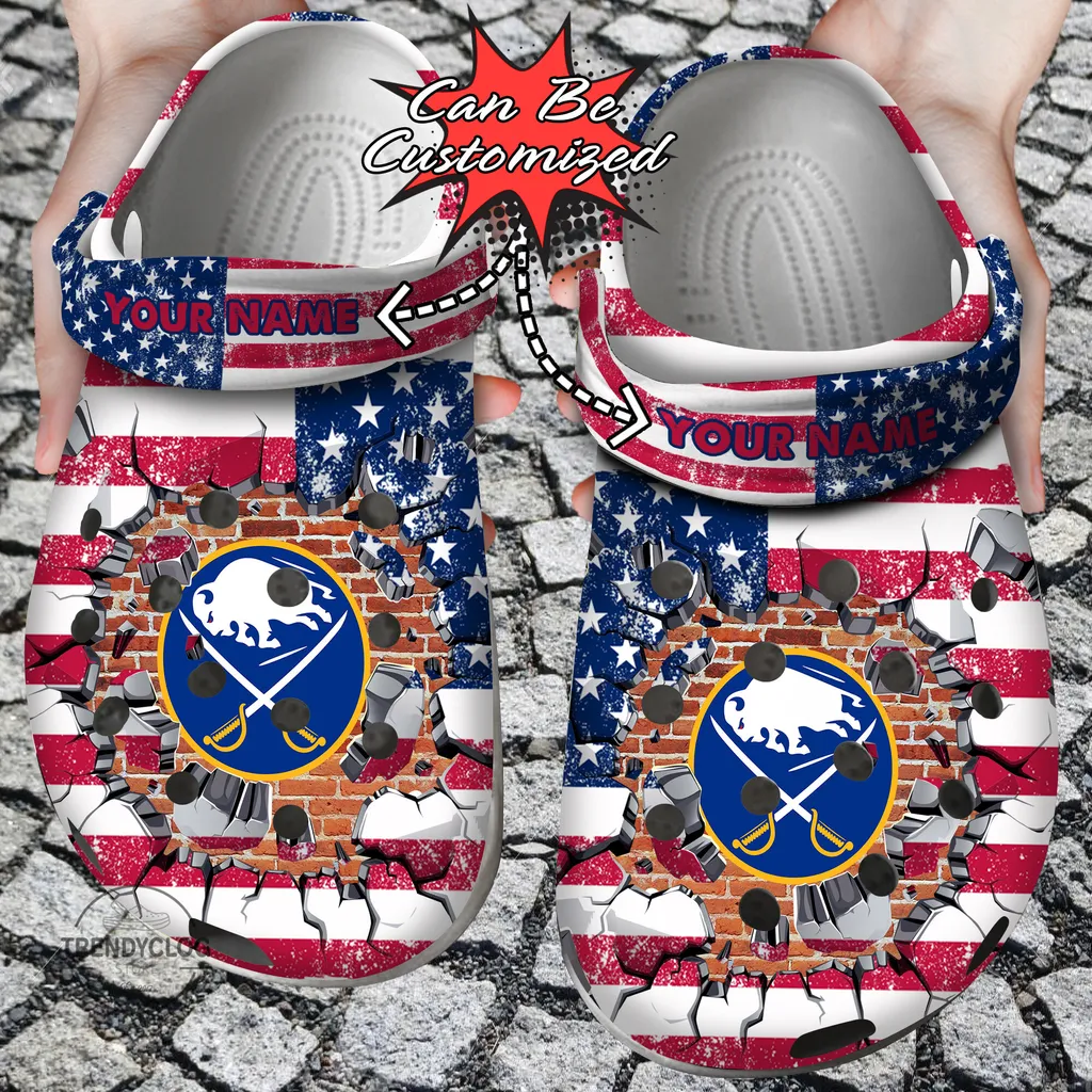 Hockey Crocs Personalized BSabres American Flag Breaking Wall Clog