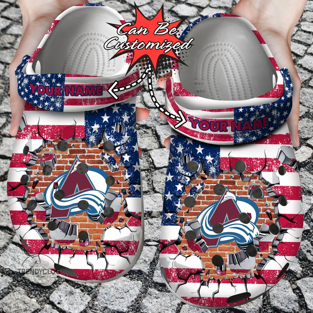 Hockey Crocs Personalized CAvalanche American Flag Breaking Wall Clog