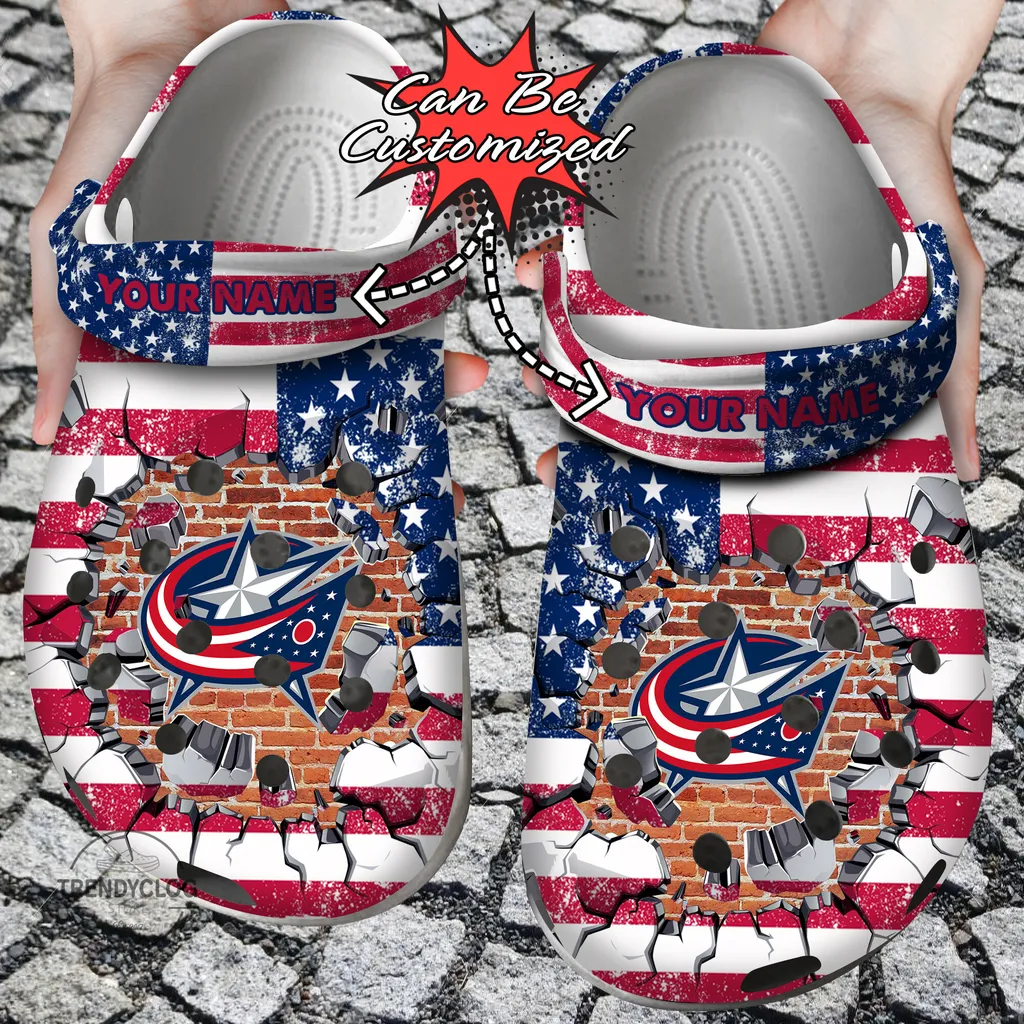 Hockey Crocs Personalized CBlue Jackets American Flag Breaking Wall Clog