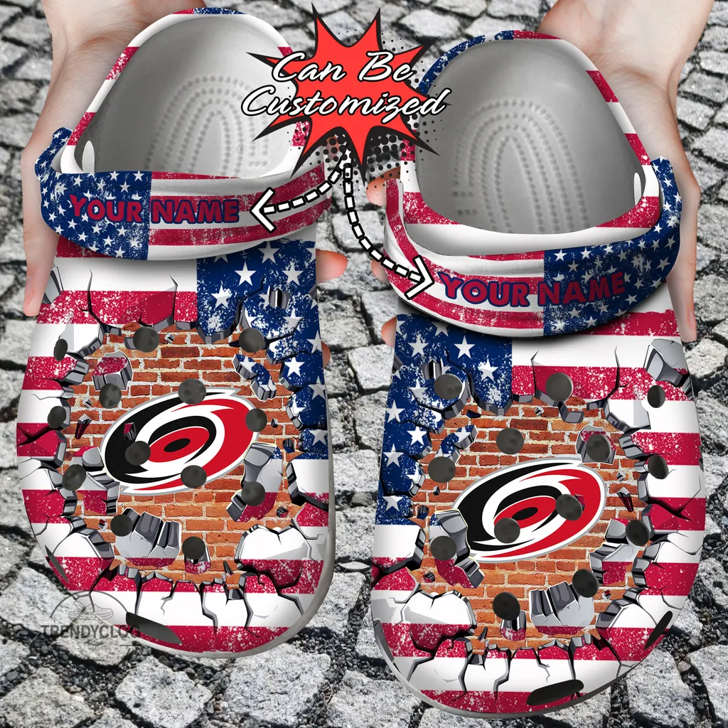 Hockey Crocs Personalized CHurricanes American Flag Breaking Wall Clog