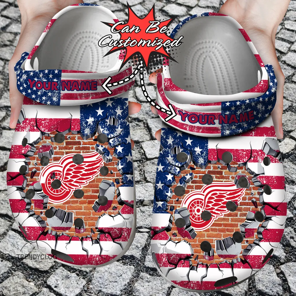 Hockey Crocs Personalized DRed Wings American Flag Breaking Wall Clog