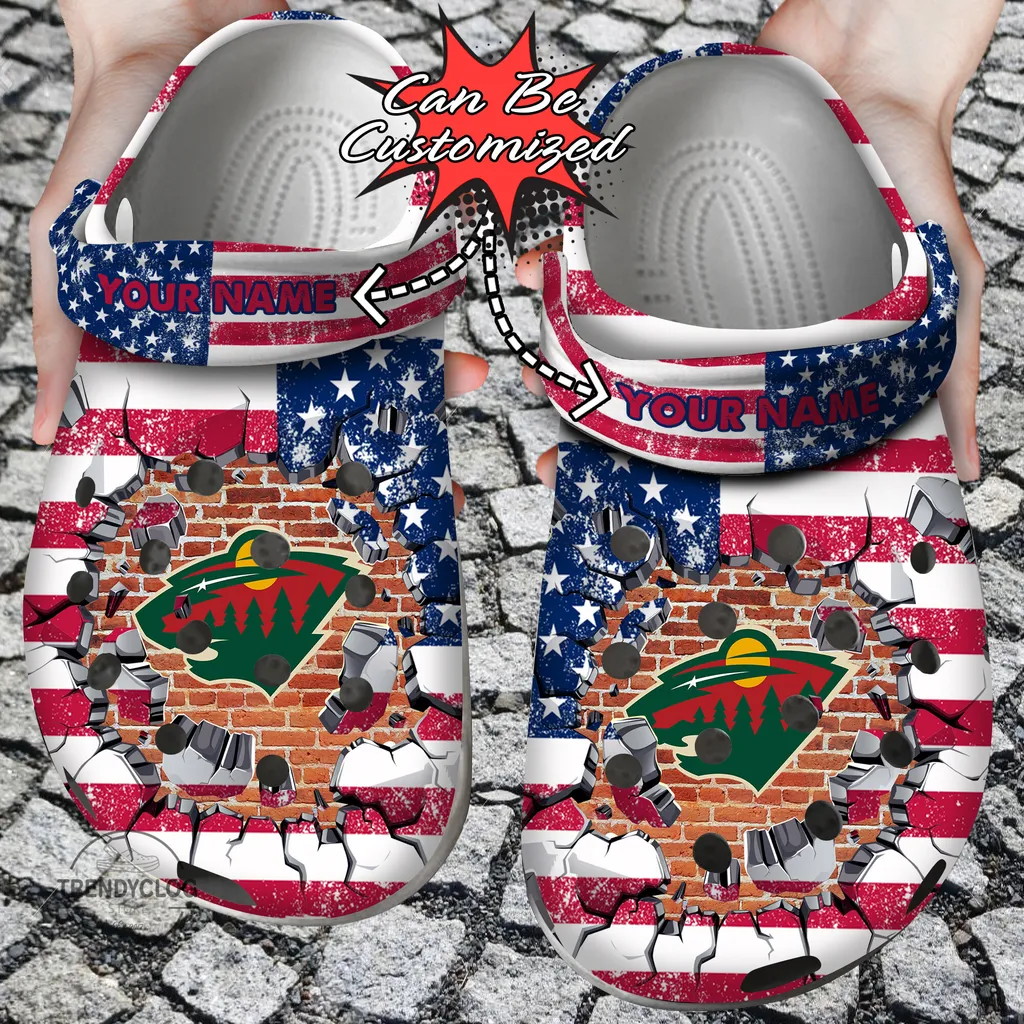 Hockey Crocs Personalized MWild American Flag Breaking Wall Clog