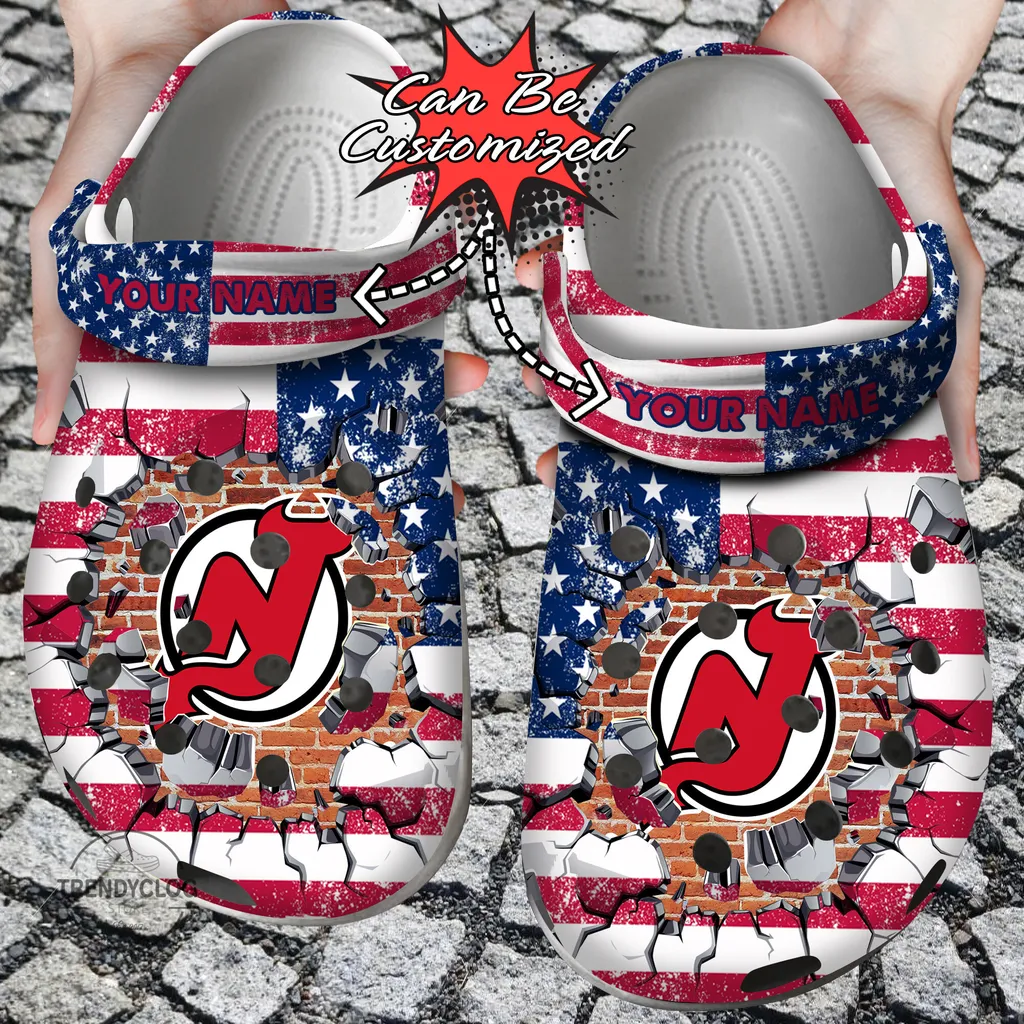 Hockey Crocs Personalized NJ Devils American Flag Breaking Wall Clog