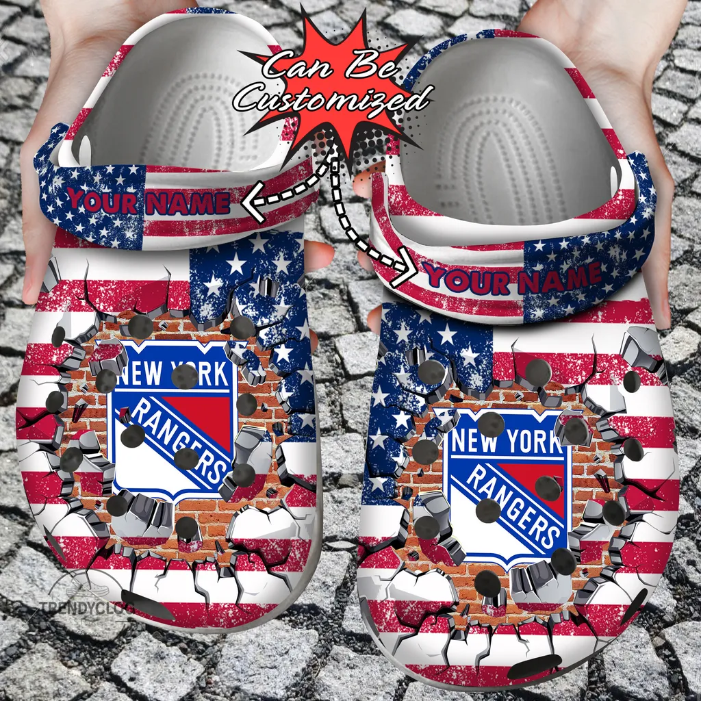 Hockey Crocs Personalized NY Rangers American Flag Breaking Wall Clog