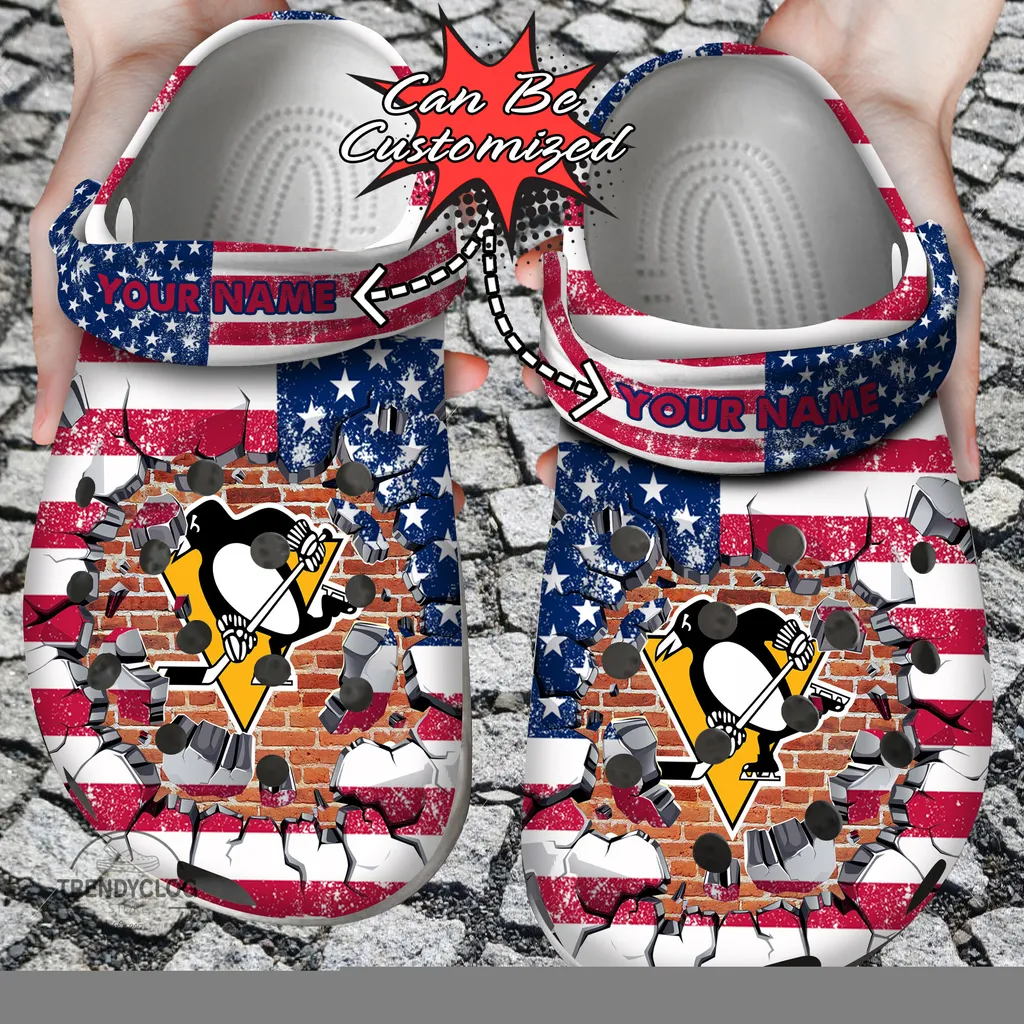 Hockey Crocs Personalized PPenguins American Flag Breaking Wall Clog