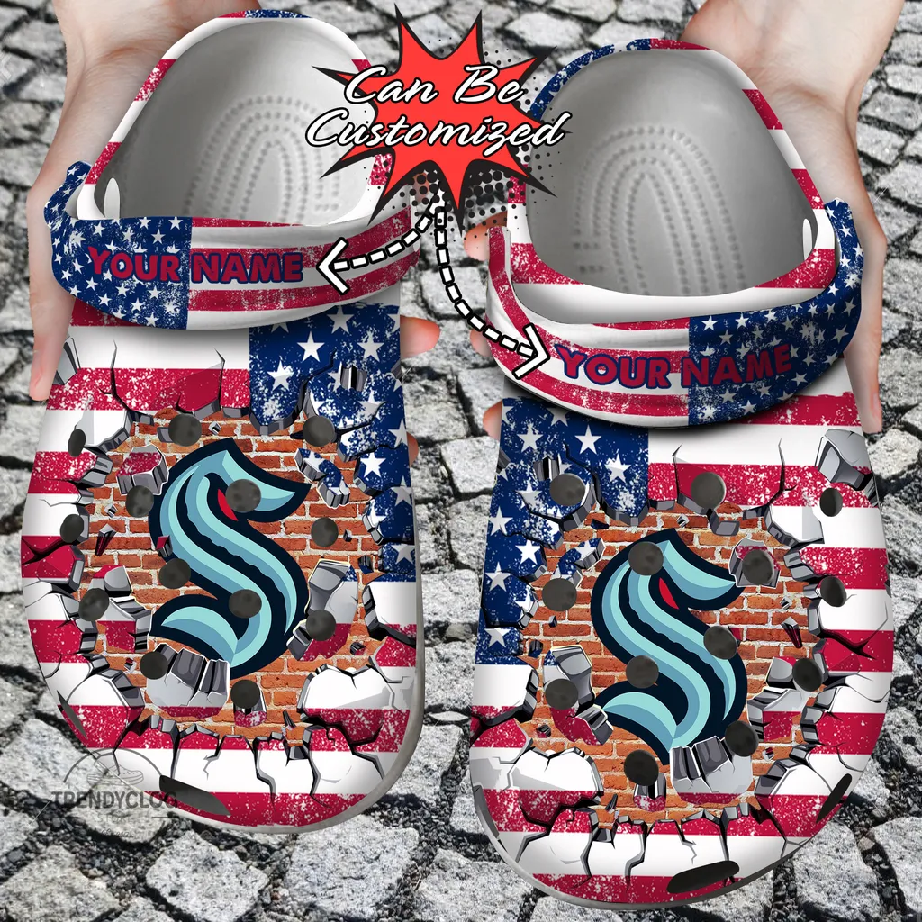 Hockey Crocs Personalized SKraken American Flag Breaking Wall Clog