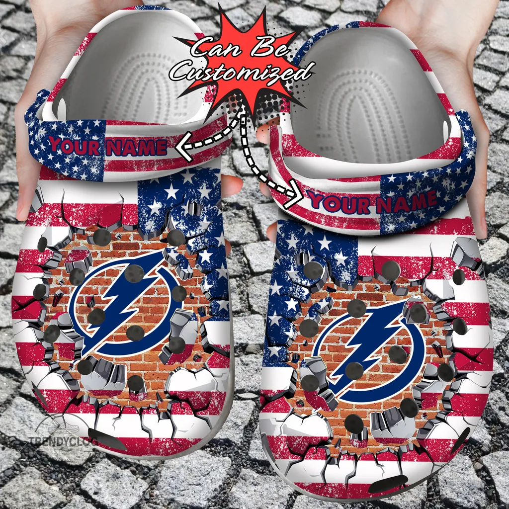 Hockey Crocs Personalized TB Lightning American Flag Breaking Wall Clog