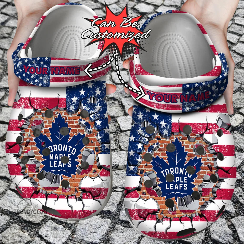 Hockey Crocs Personalized TMaple Leafs American Flag Breaking Wall Clog