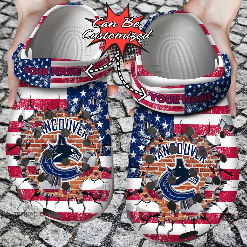 Hockey Crocs Personalized VCanucks American Flag Breaking Wall Clog