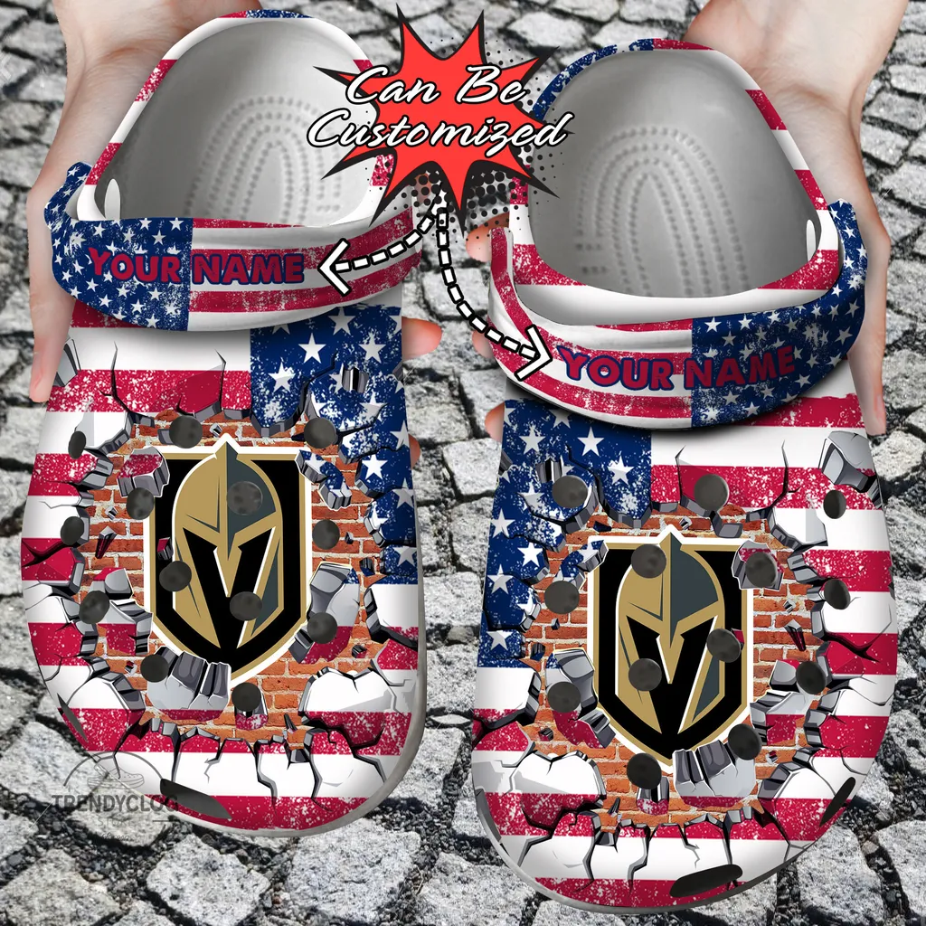 Hockey Crocs Personalized VGolden Knights American Flag Breaking Wall Clog