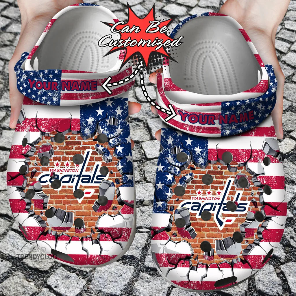 Hockey Crocs Personalized WCapitals American Flag Breaking Wall Clog