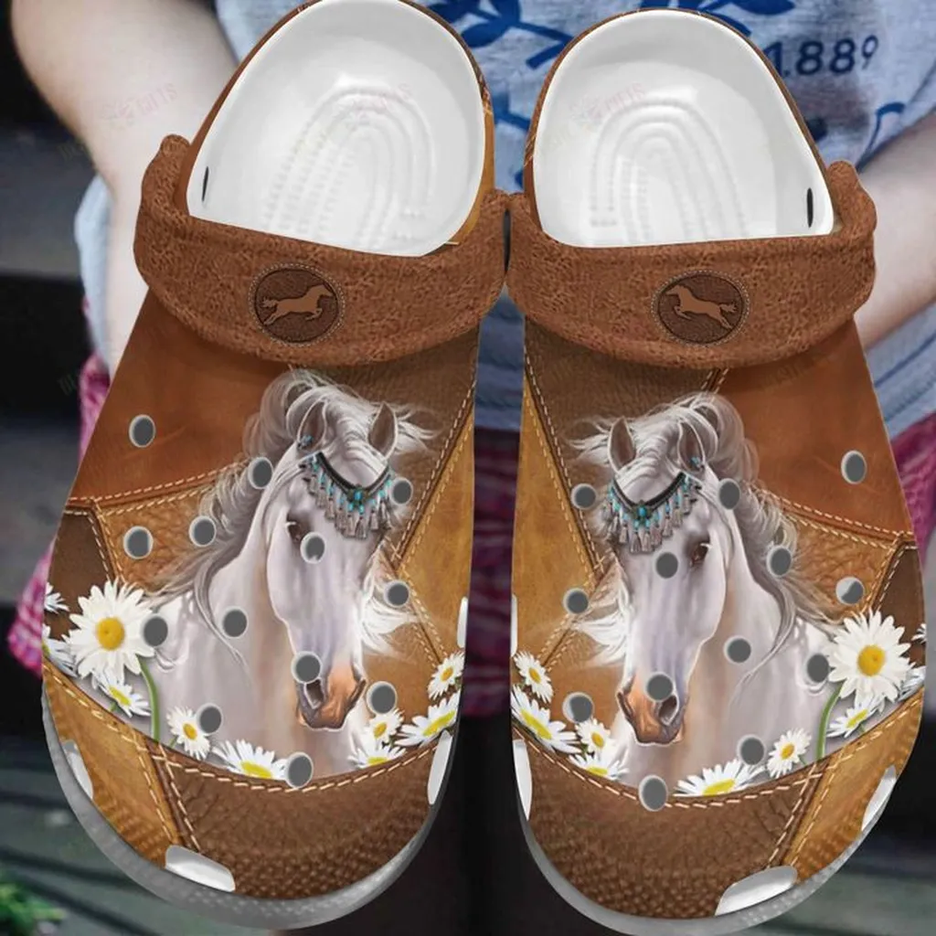 Horse White Sole Daisy Horse Crocs, Personalized Crocs Classic Clogs