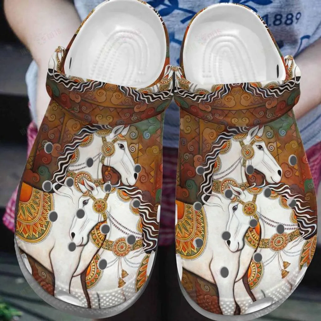 Horse White Sole Vintage Horse Couple Crocs Classic Clogs