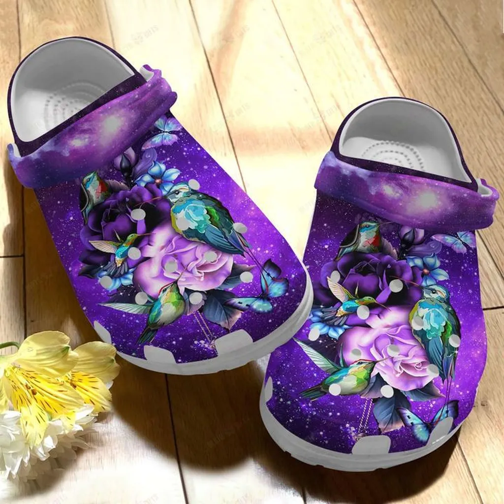 Hummingbird White Sole Purple Background Crocs, Personalized Crocs Classic Clogs