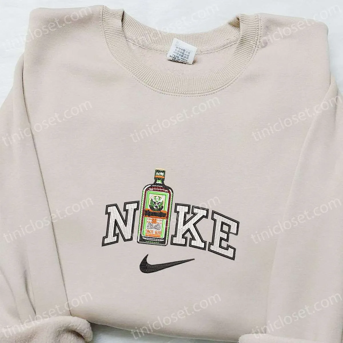 Jagermeister Wine Bottle x Nike Swoosh Embroidered Shirt, Favorite Food And Drink Embroidered Hoodie, Nike Inspired Embroidered Sweatshirt