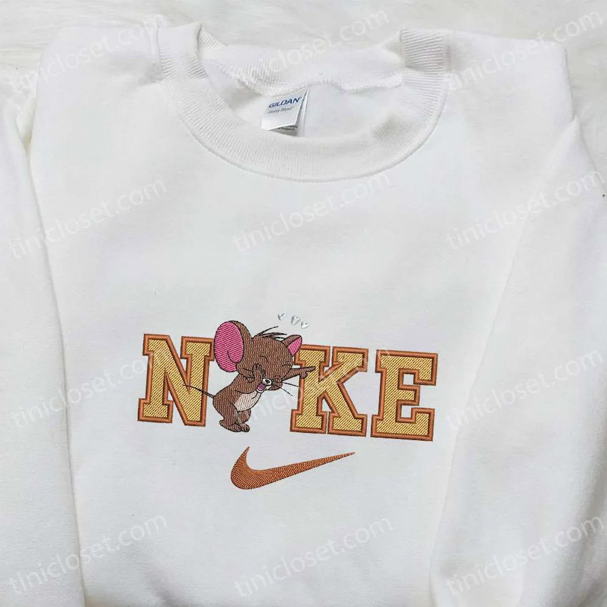 Jerry Heart x Nike Cartoon Embroidered Shirt, Tom and Jerry Embroidered Shirt, Nike Inspired Embroidered Shirt