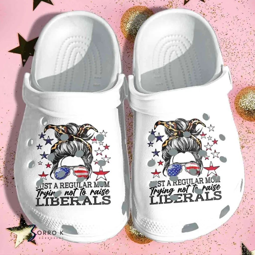 Leopard Woman Messy Buns Just A Regular Mom Usa Flag 4Th Of July Crocs Crocband Clogs