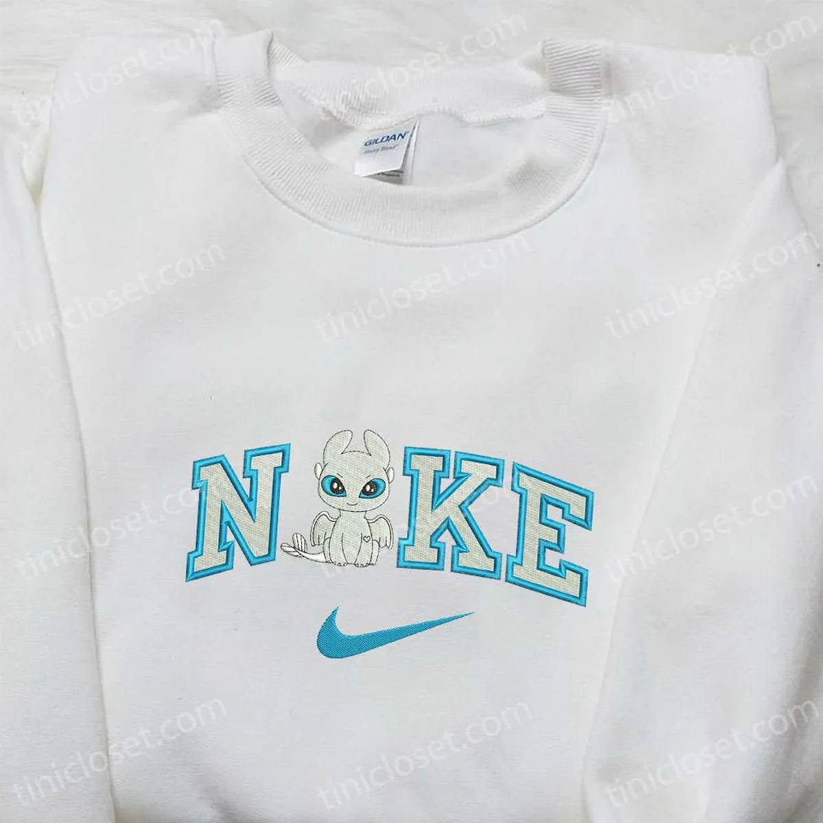 Light Fury x Nike Cartoon Embroidered Sweatshirt, Disney Characters Embroidered Shirt, Nike Inspired Embroidered Shirt