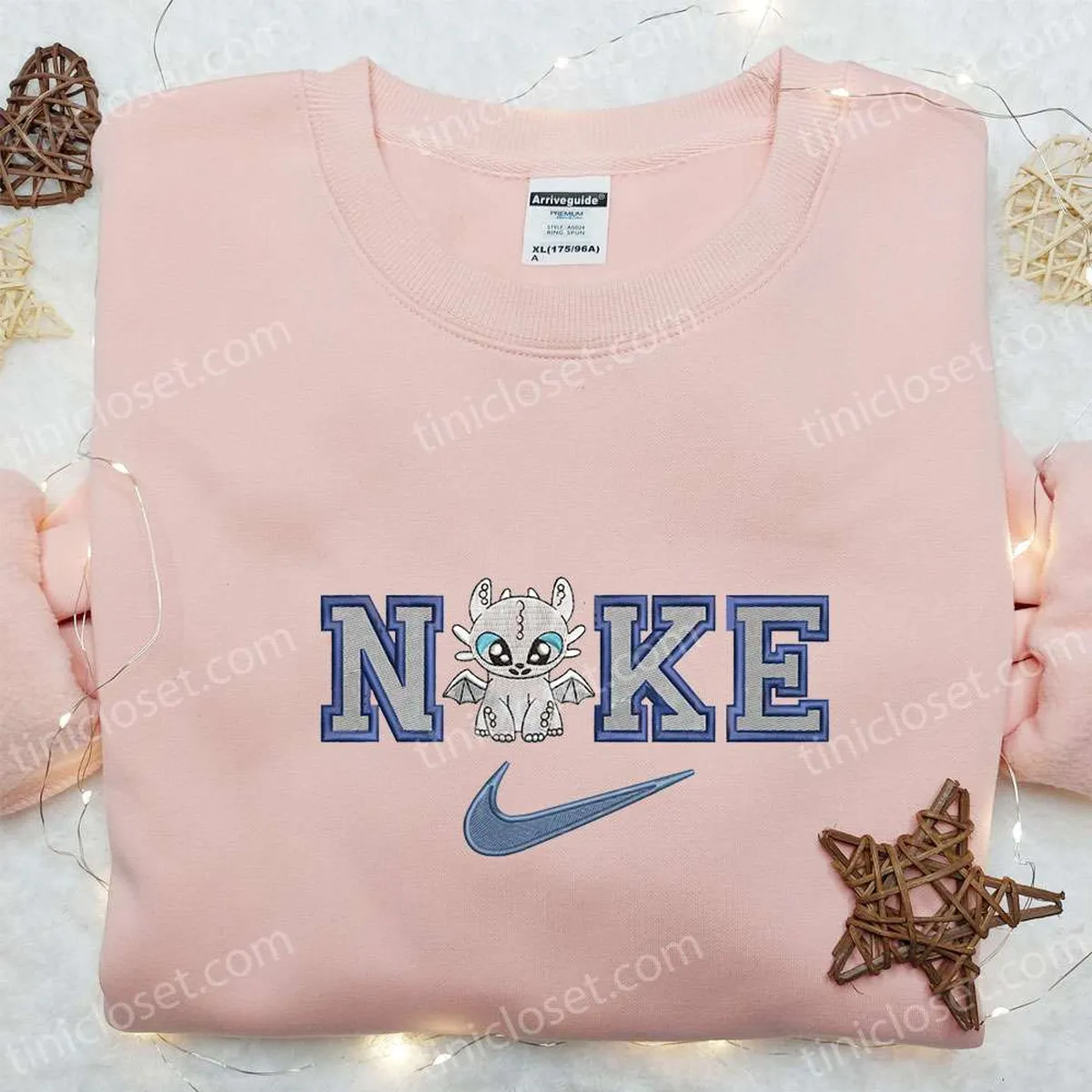 Light Fury x Nike Cartoon Embroidered Sweatshirt, How to Train Your Dragon Embroidered Shirt, Nike Inspired Embroidered Shirt