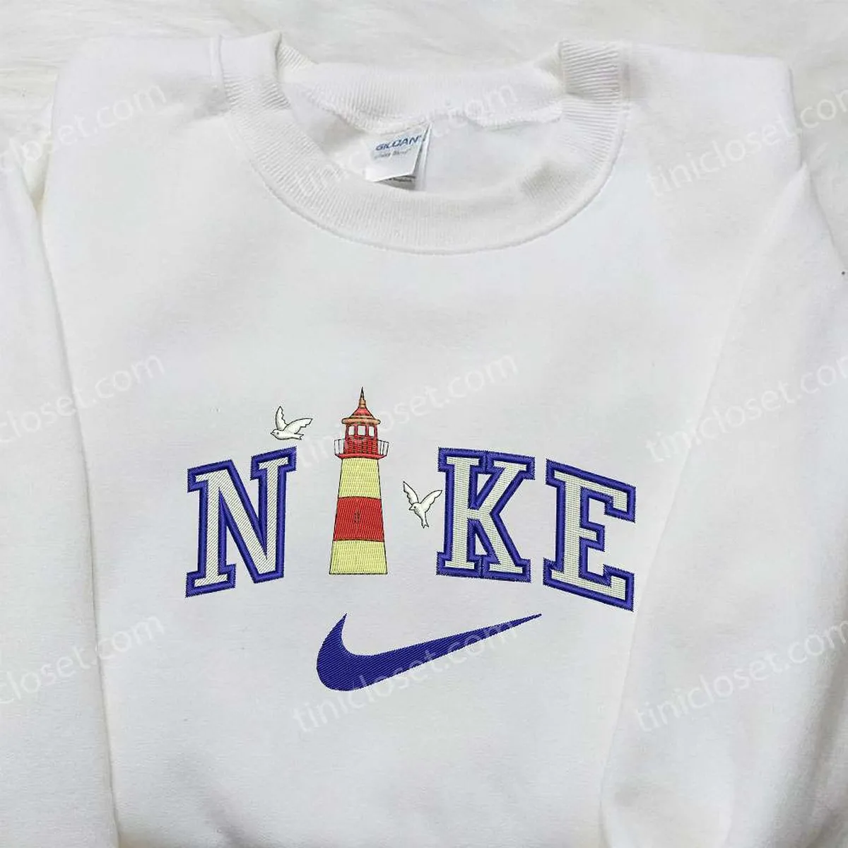 Lighthouse and Seagulls x Nike Embroidered Hoodie, Nike Inspired Embroidered Shirt, Best Gift for Family