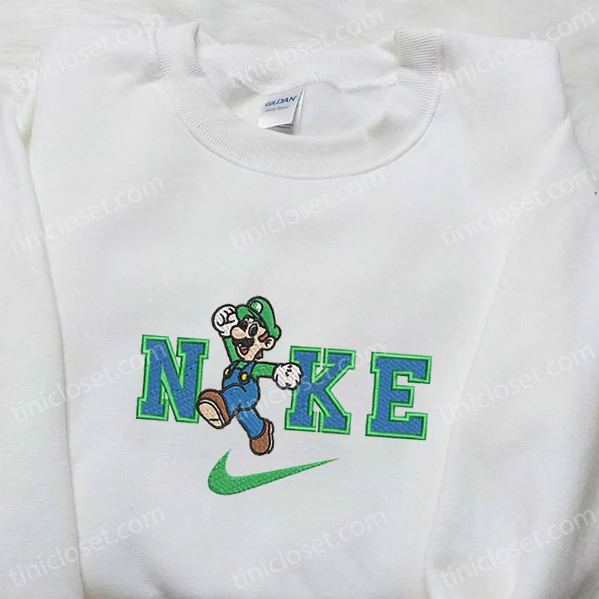 Luigi x Nike Embroidered Cartoon Shirt, Super Mario Embroidered Shirt, Nike Inspired Embroidered Shirt