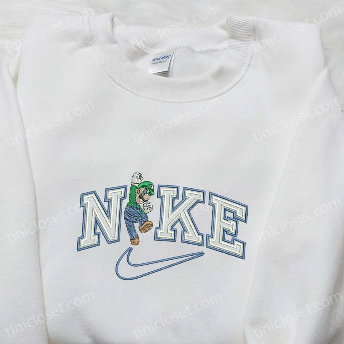 Luigi x Nike Embroidered Cartoon Tshirt, Super Mario Embroidered Shirt, Nike Inspired Embroidered Shirt