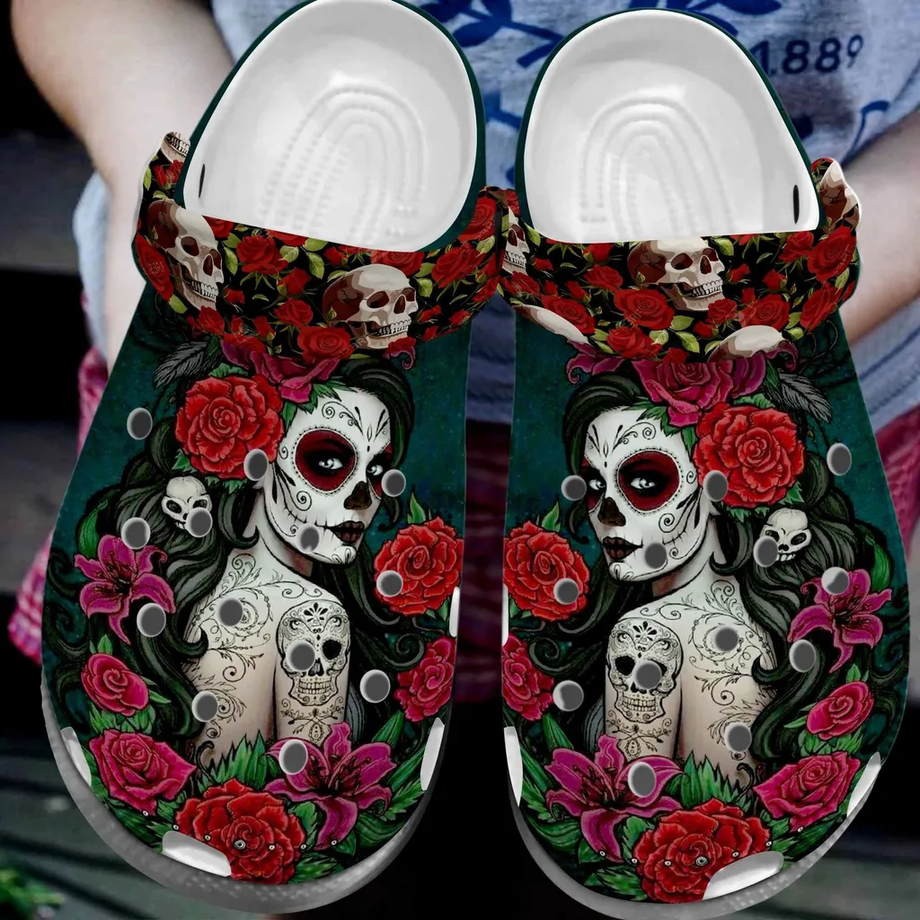 Mexican Sugar Skull Girl Tattoo Rose Flower Crocs