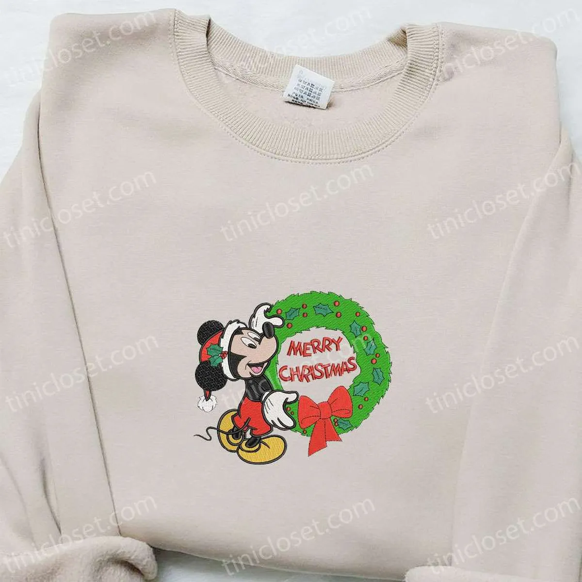 Mickey Merry Christmas Laurel Wreath Embroidered Shirt, Disney Characters Embroidered Hoodie, Christmas Embroidered Sweatshirt