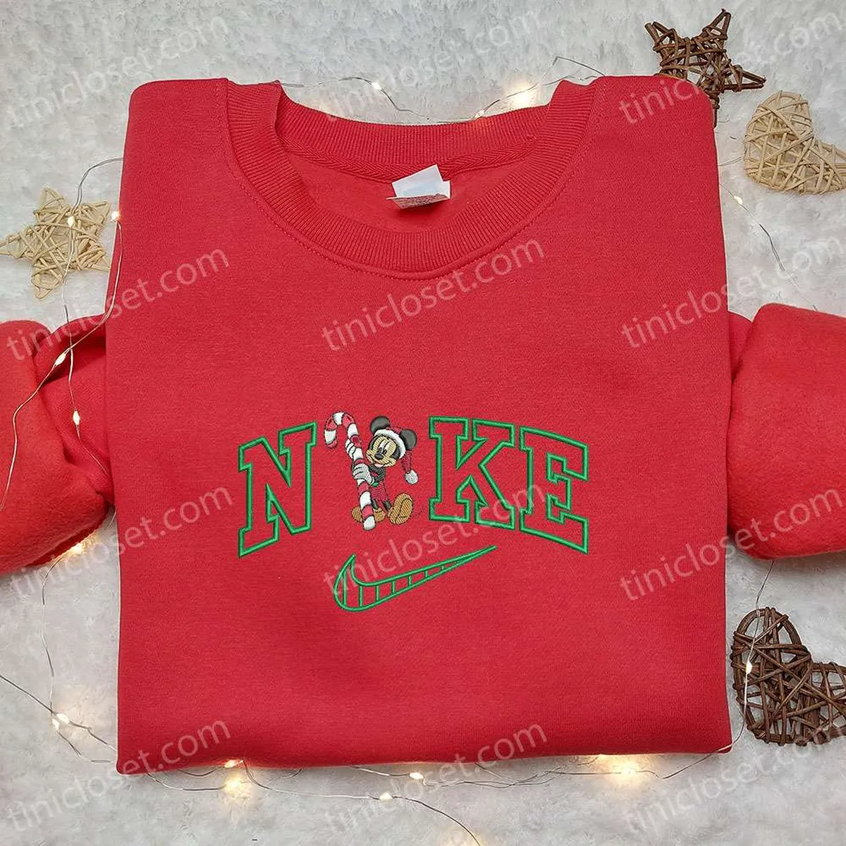 Mickey Mouse Candy Cane Xmas x Nike Embroidered Tshirt, Nike Inspired Embroidered Shirt, Best Christmas Gift Ideas