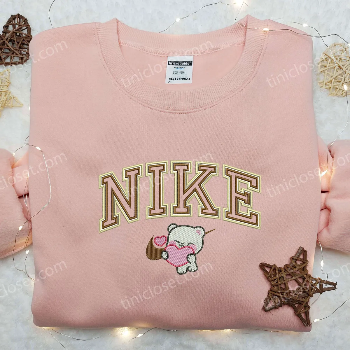 Milk Bear Love x Nike Swoosh Embroidered Shirt, Nike Embroidered Shirt, Cartoon Embroidered Shirt