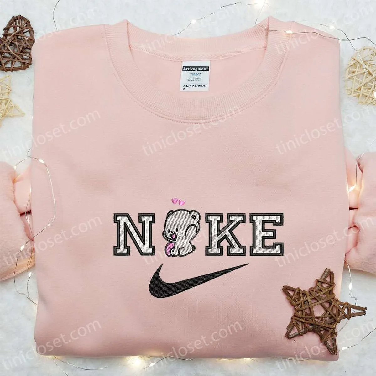 Milk Bear x Nike Swoosh Embroidered Shirt, Milk And Mocha Bears Cartoon Embroidered Hoodie, Nike Inspired Embroidered Sweatshirt