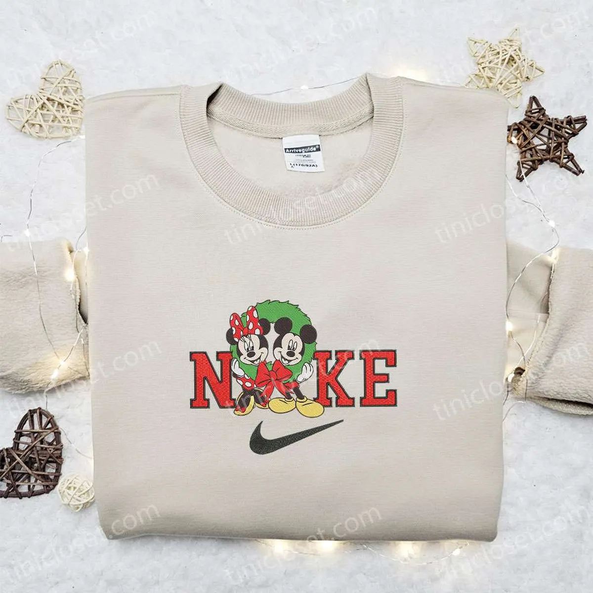 Minnie and Mickey Laurel Wreath Christmas x Nike Embroidered Sweatshirt, Disney Characters Movie Merry Christmas Embroidered Shirt, Best Christmas Day Gift Ideas