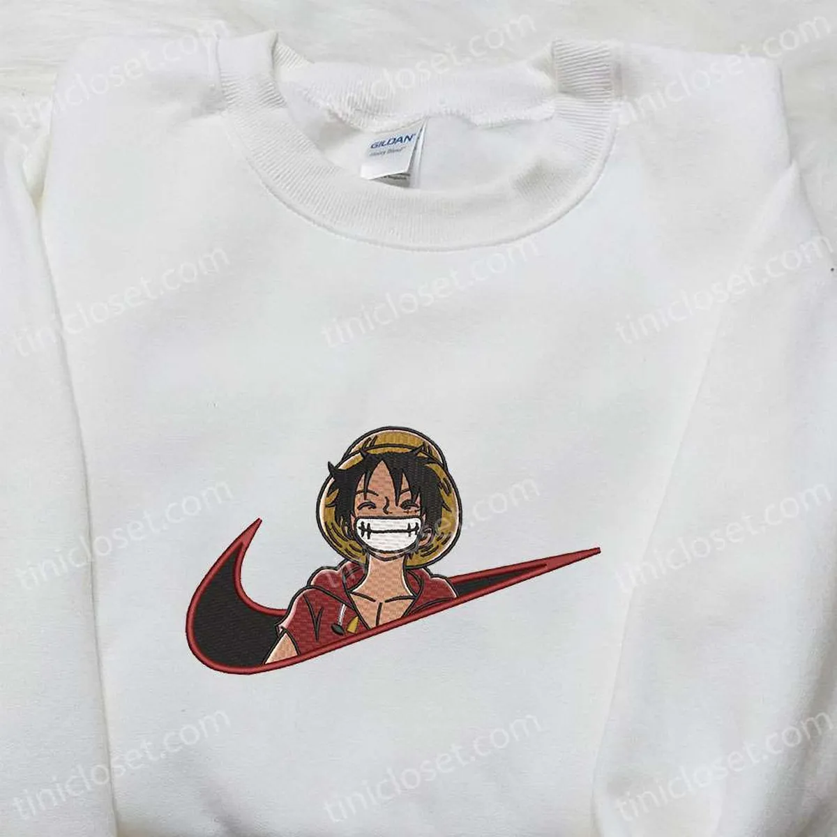 Monkey D. Luffy Laughing x Nike Swoosh Embroidered Tshirt, One Piece Embroidered Shirt, Nike Inspired Embroidered Shirt