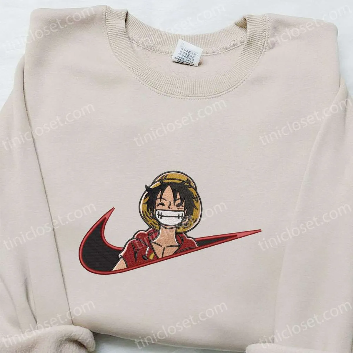 Monkey D. Luffy Laughing x Swoosh Embroidered Sweatshirt, One Piece Embroidered Shirt, Cool Anime Clothing