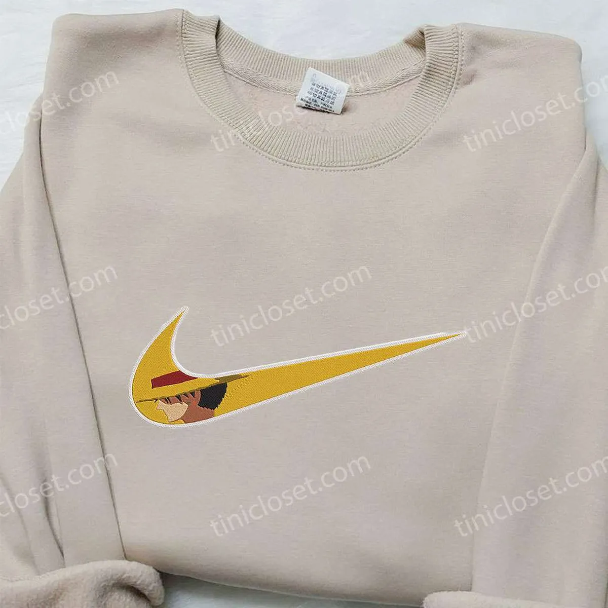 Monkey D. Luffy x Nike Swoosh Anime Embroidered Hoodie, One Piece Embroidered Shirt, Nike Inspired Embroidered Shirt