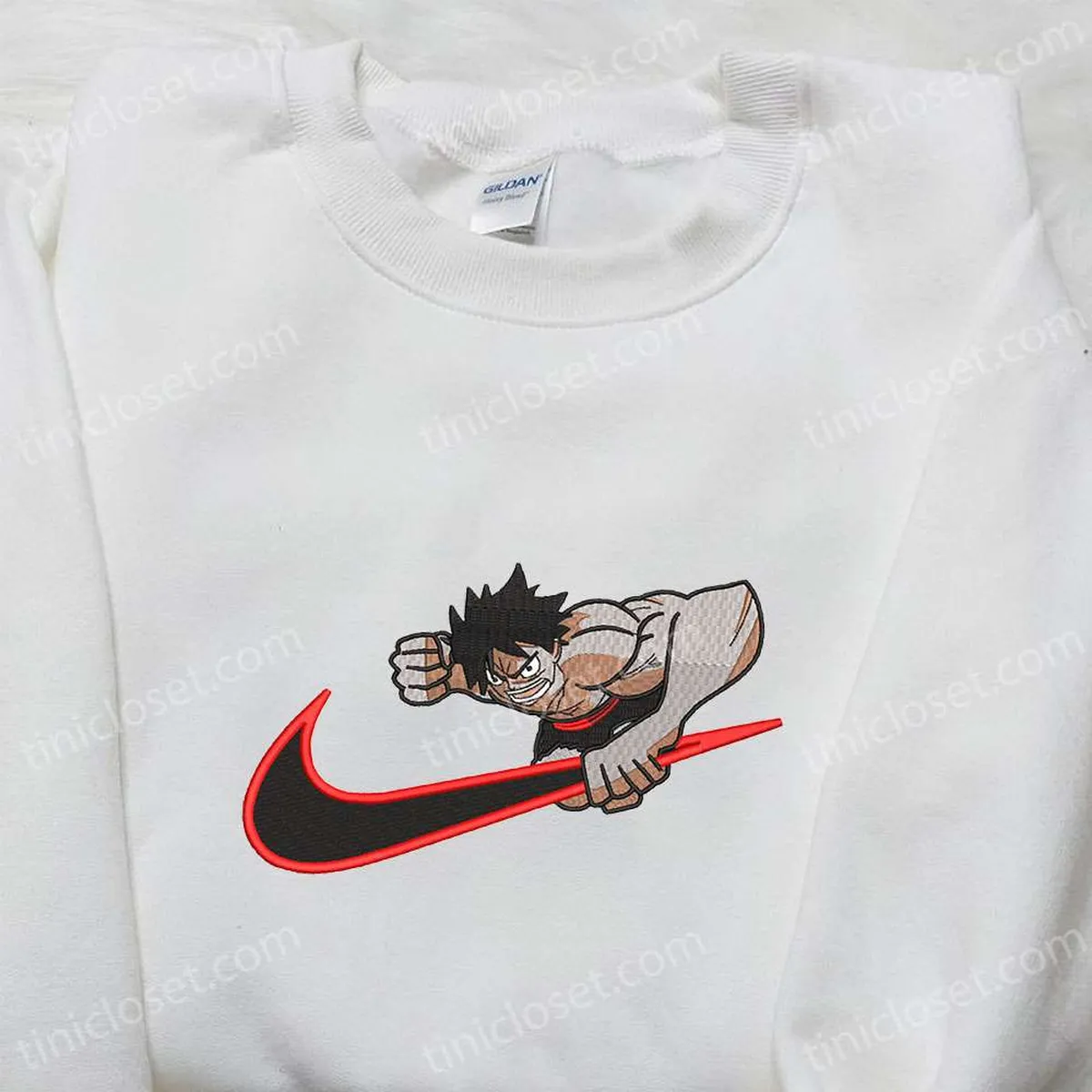 Monkey D. Luffy x Nike Swoosh Anime Embroidered Sweatshirt, One Piece Embroidered Shirt, Nike Inspired Embroidered Shirt