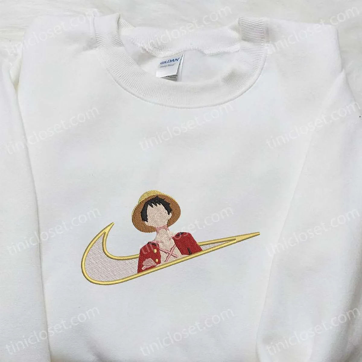 Monkey D. Luffy x Nike Swoosh Anime Embroidered Tshirt, One Piece Embroidered Shirt, Nike Inspired Embroidered Shirt