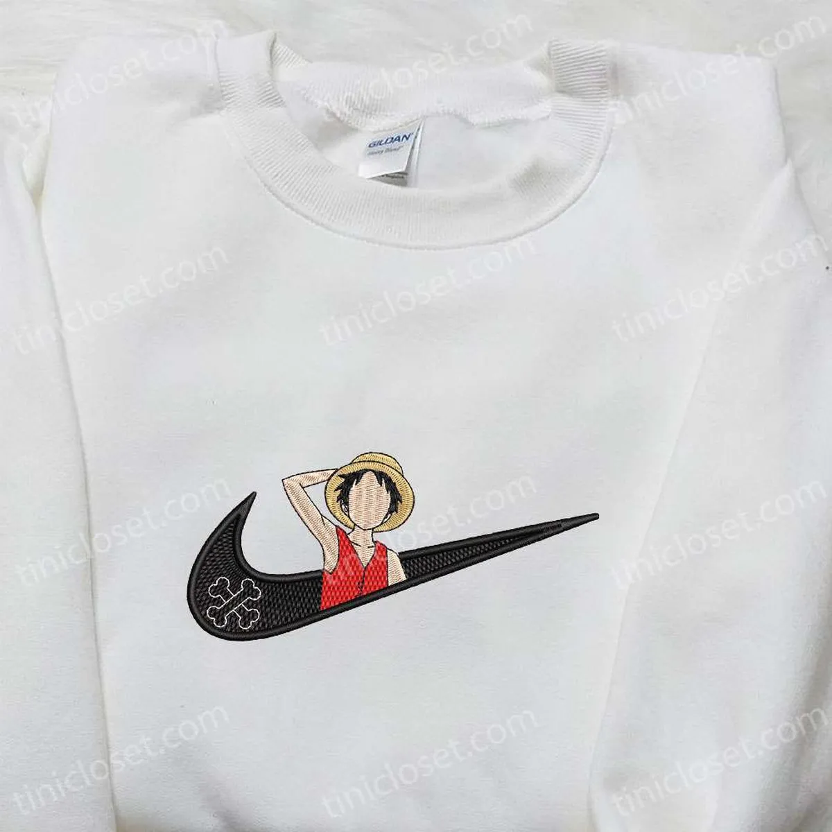 Monkey D. Luffy x Nike Swoosh Embroidered Anime Tshirt, One Piece Embroidered Shirt, Nike Inspired Embroidered Shirt