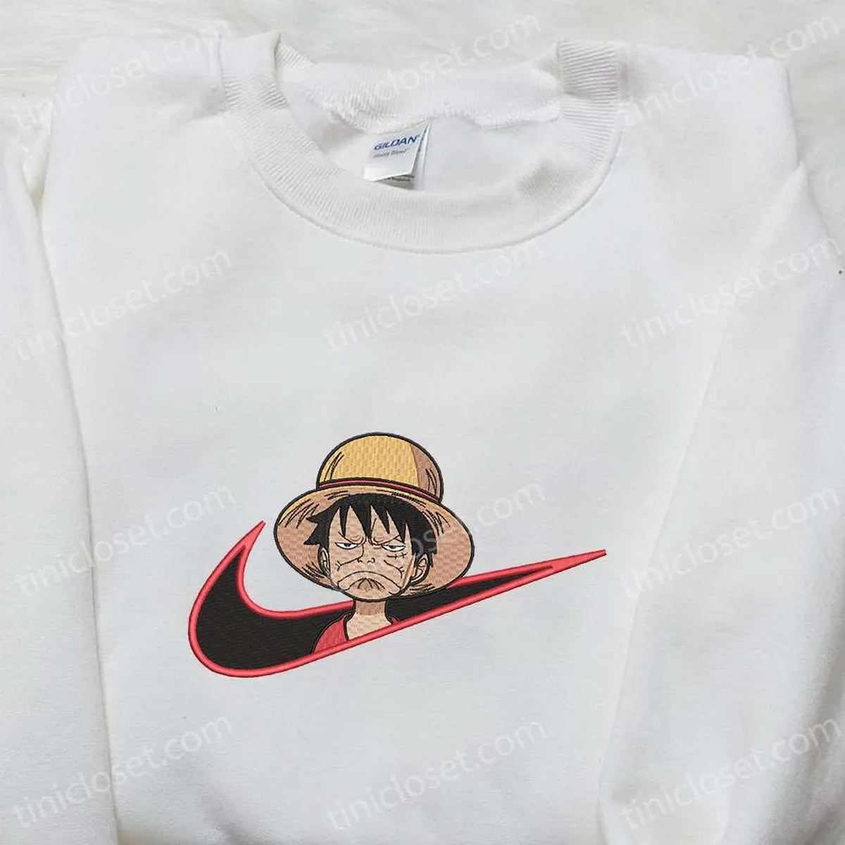 Monkey D. Luffy x Nike Swoosh Embroidered Tshirt, One Piece Embroidered Shirt, Nike Inspired Embroidered Shirt