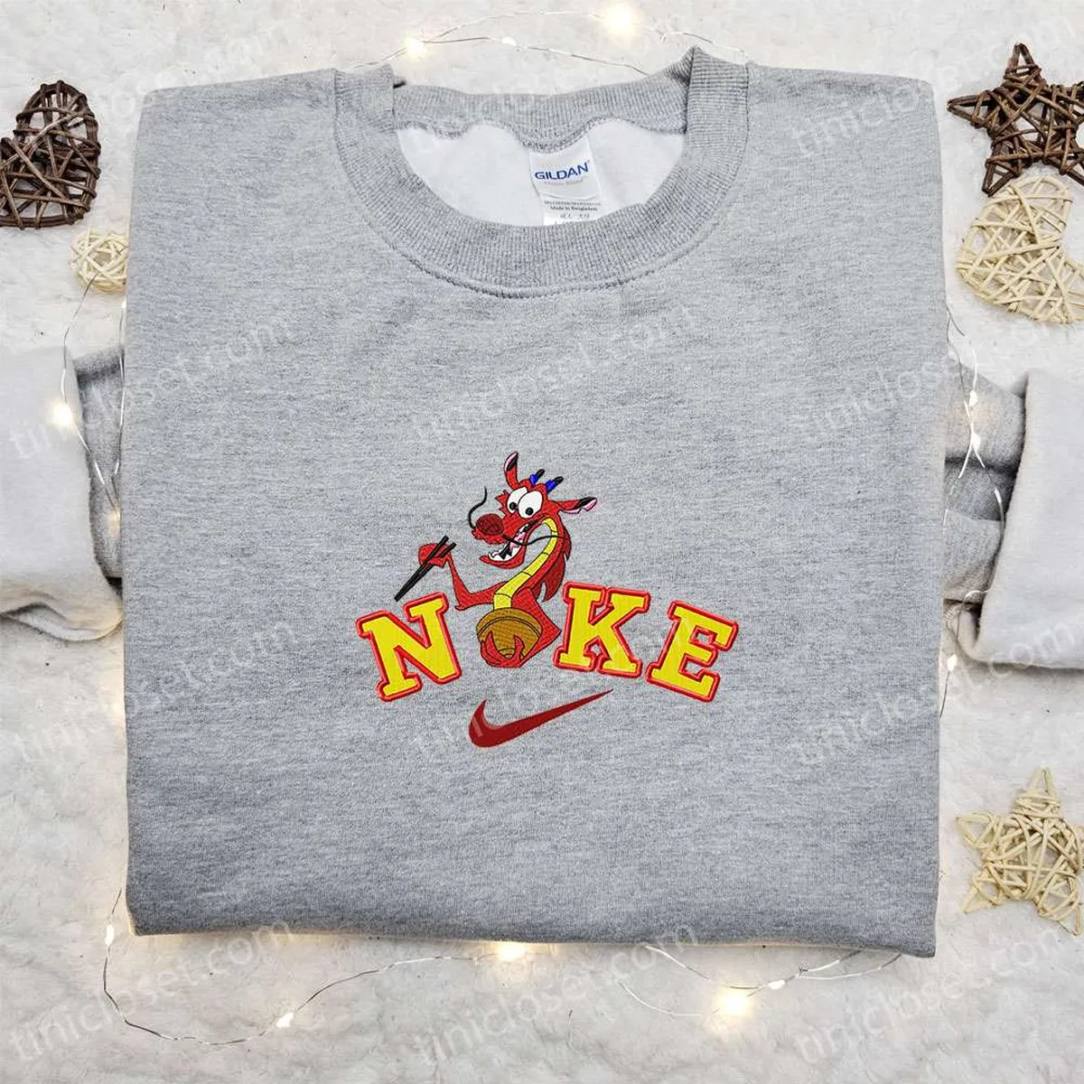 Mushu x Nike Cartoon Embroidered Sweatshirt, Mulan Disney Embroidered Shirt, Nike Inspired Embroidered Shirt