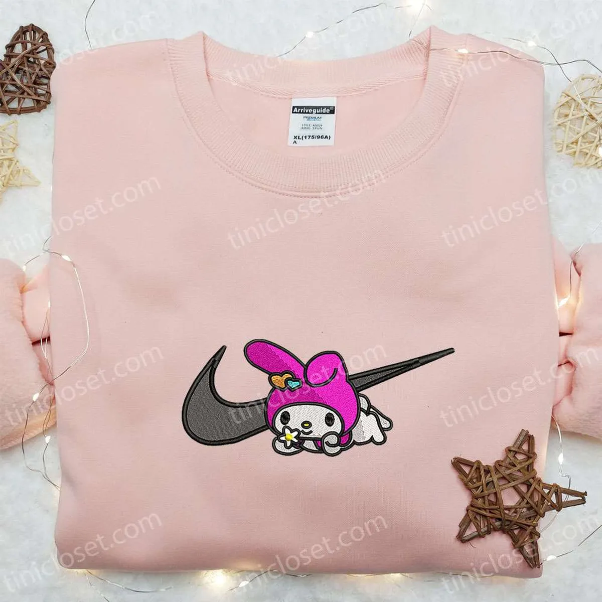 My Melody x Nike Swoosh Embroidered Shirt, Hello Kitty Cartoon Embroidered Hoodie, Nike Inspired Embroidered Sweatshirt