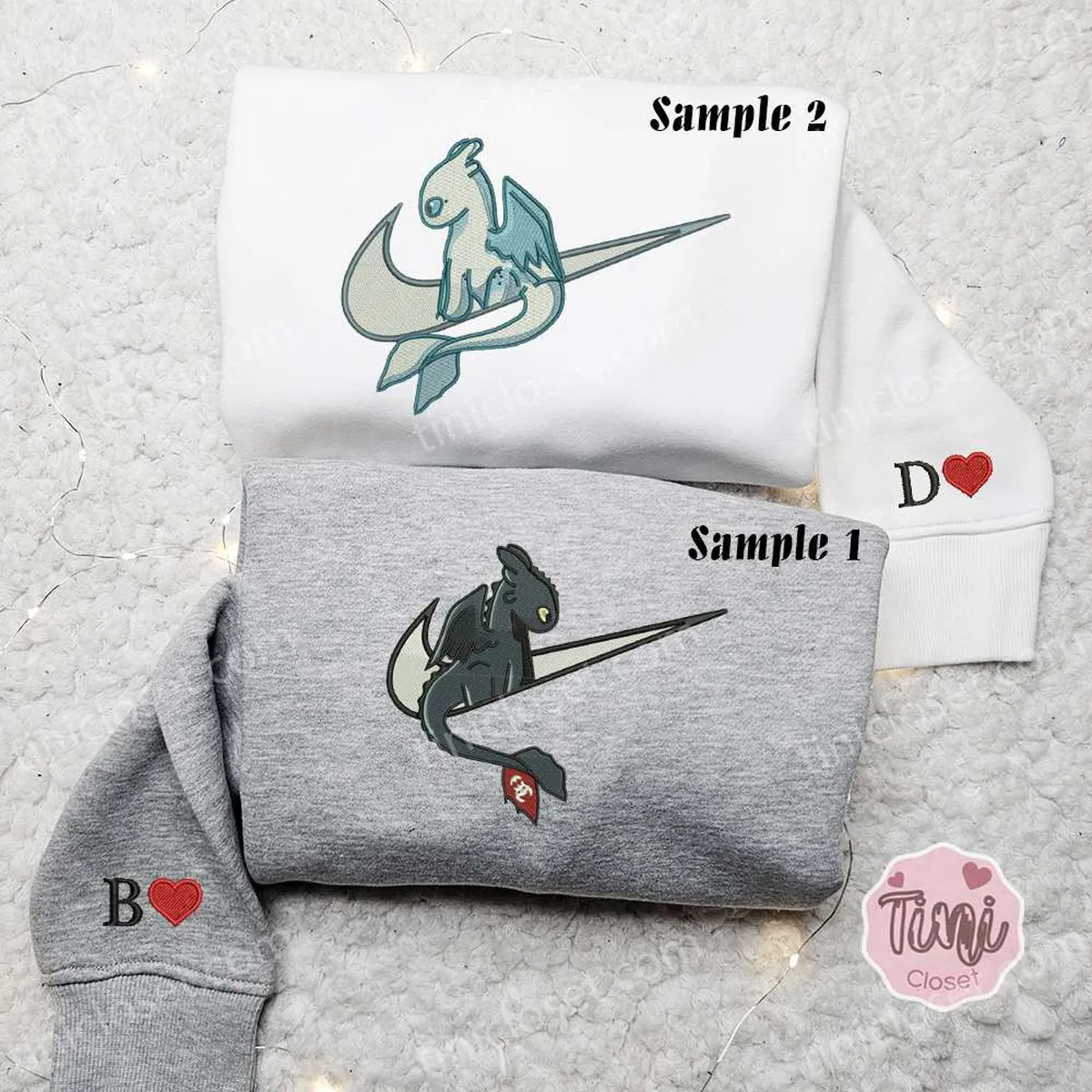 Night Fury And Light Fury x Nike Swoosh Couple Embroidered Shirt, How To Train Your Dragon Cartoon Embroidered Hoodie, Valentine? Day Embroidered Sweatshirt