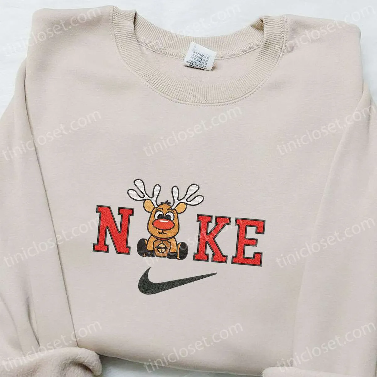 Nike Christmas x Baby Reindeer Embroidered Sweatshirt, Cartoon Christmas Embroidered Shirt, Best Christmas Gift Ideas