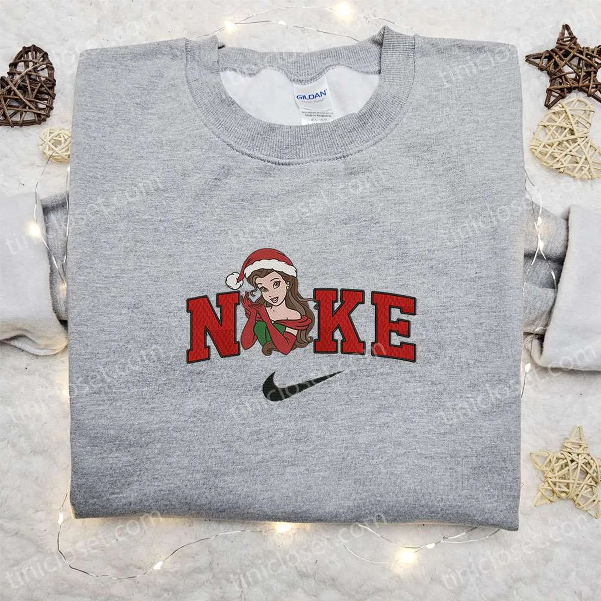 Nike Christmas x Belle Princess Cartoon Embroidered Sweatshirt, Merry Christmas Embroidered Shirt, Best Christmas Day Gift Ideas