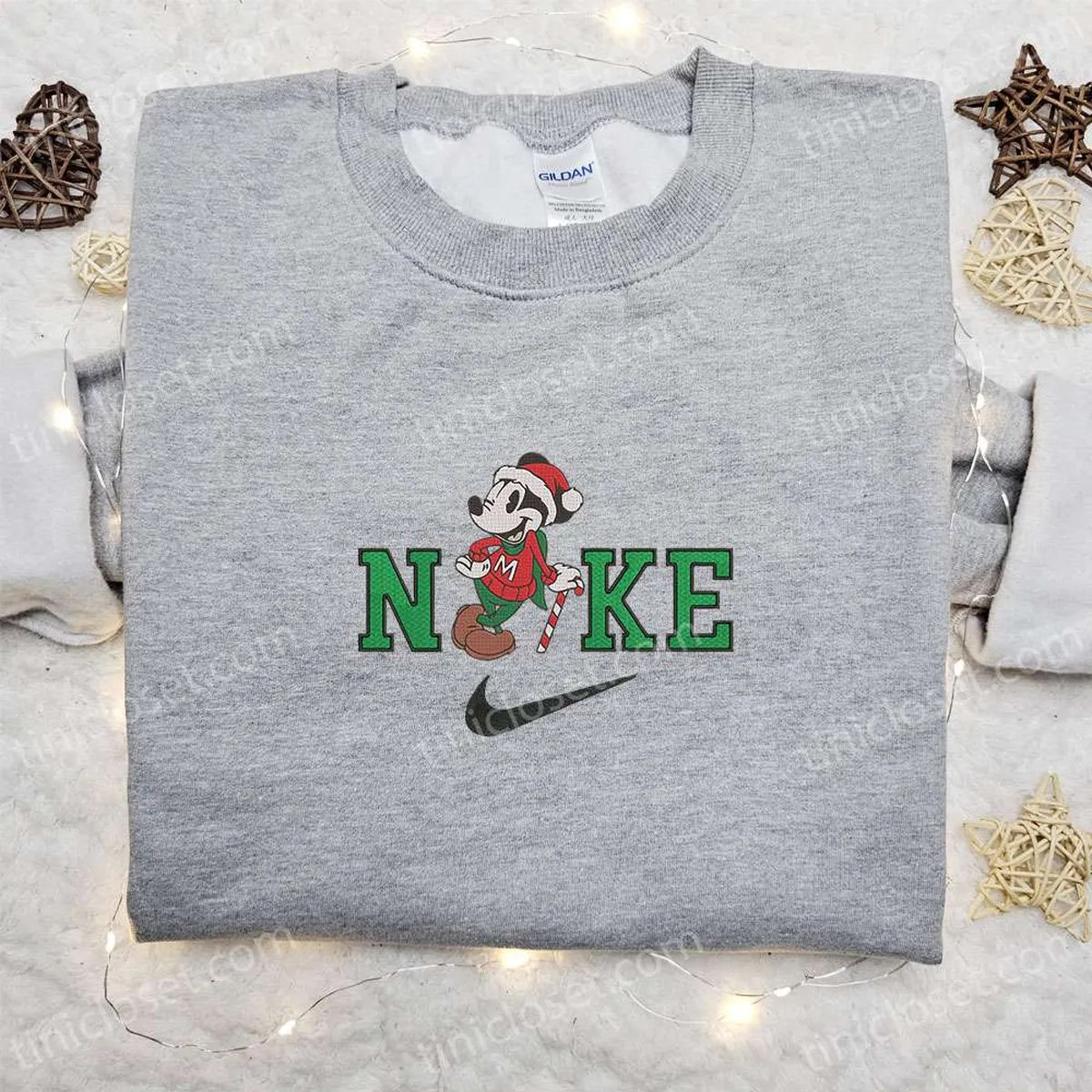 Nike Christmas x Mickey Candy Cane Embroidered Sweatshirt, Christmas Embroidered Shirt, Best Christmas Gift Ideas