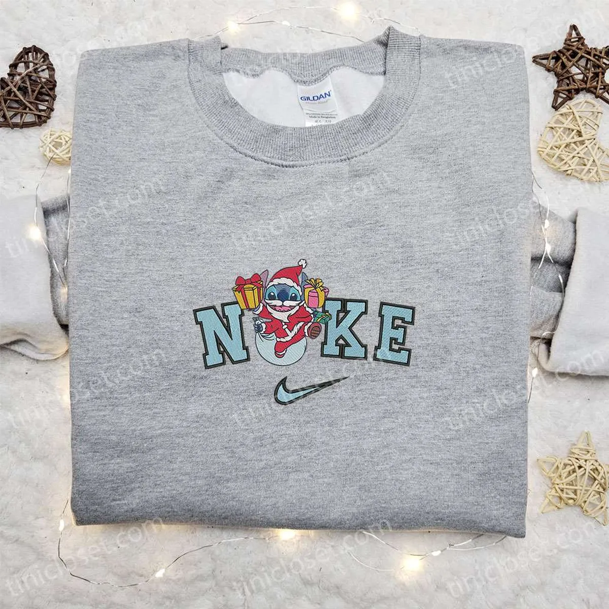 Nike Christmas x Stitch Santa Embroidered Sweatshirt, Disney Characters Embroidered Shirt, Best Christmas Gift Ideas